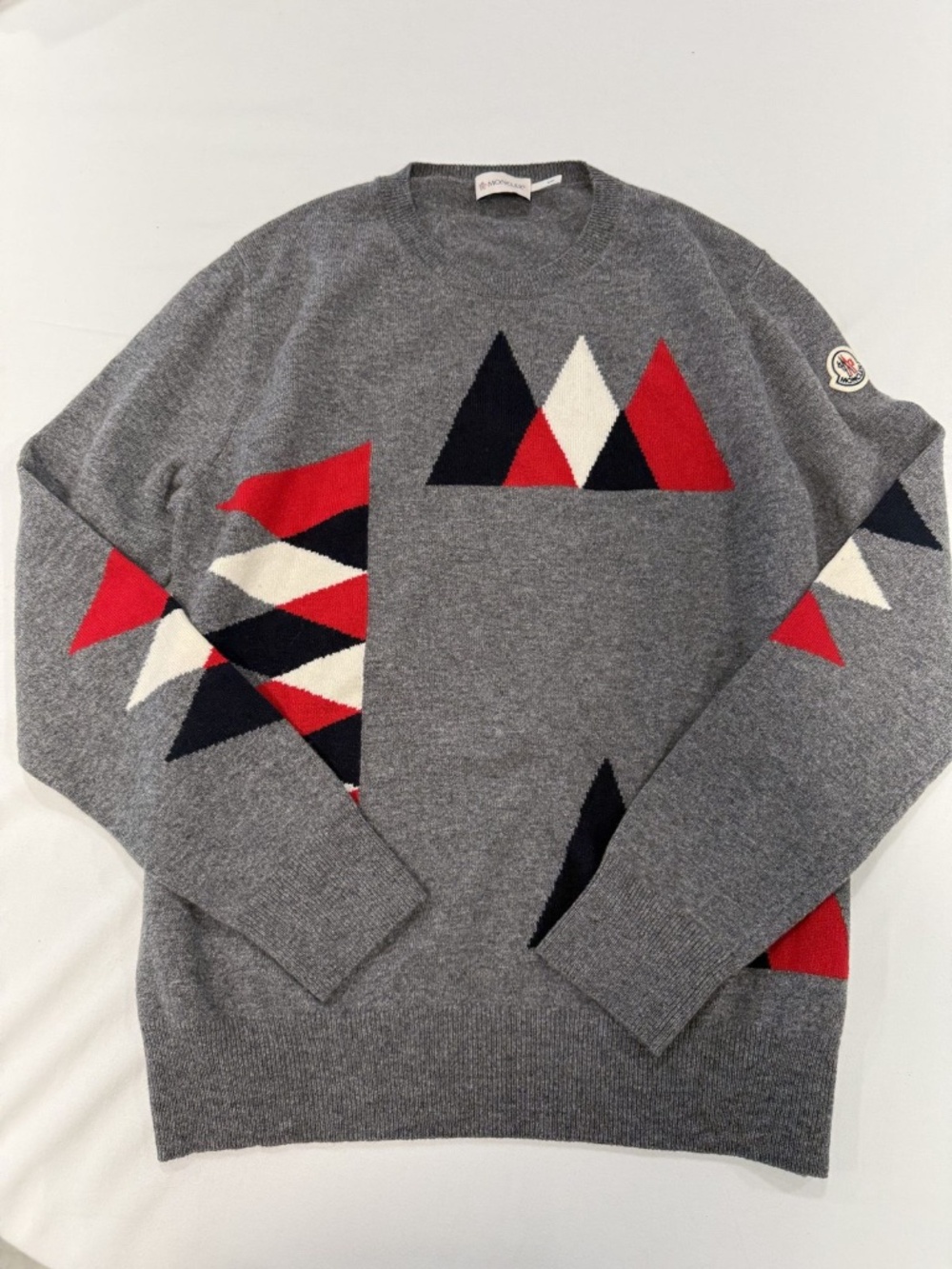 Moncler Gray Tricot Wool Crewneck Sweater Red Navy White Geometric Intarsia Logo